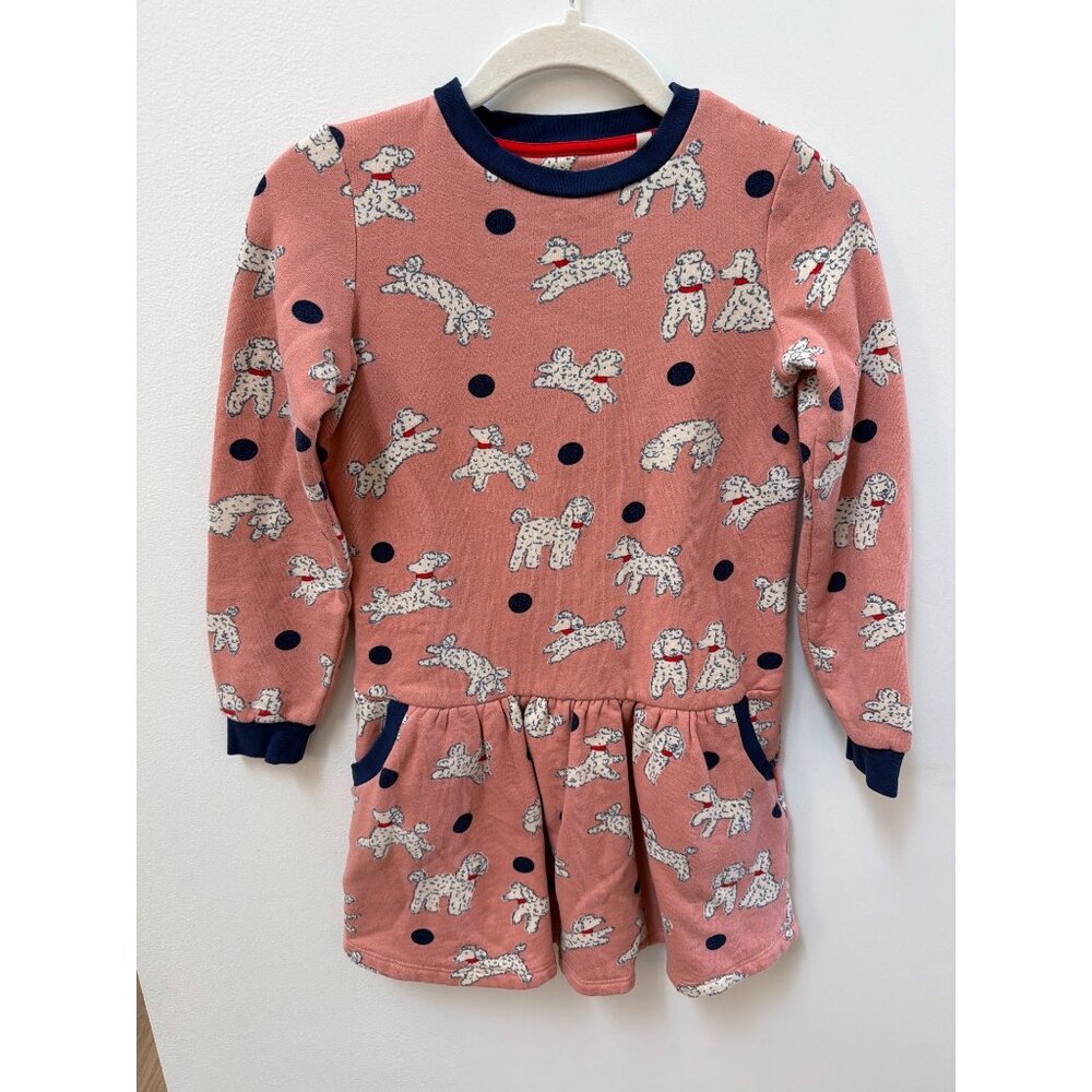 Mini Boden Girls 9/10 Long Sleeve Pink Dog Poodle Print Dress
